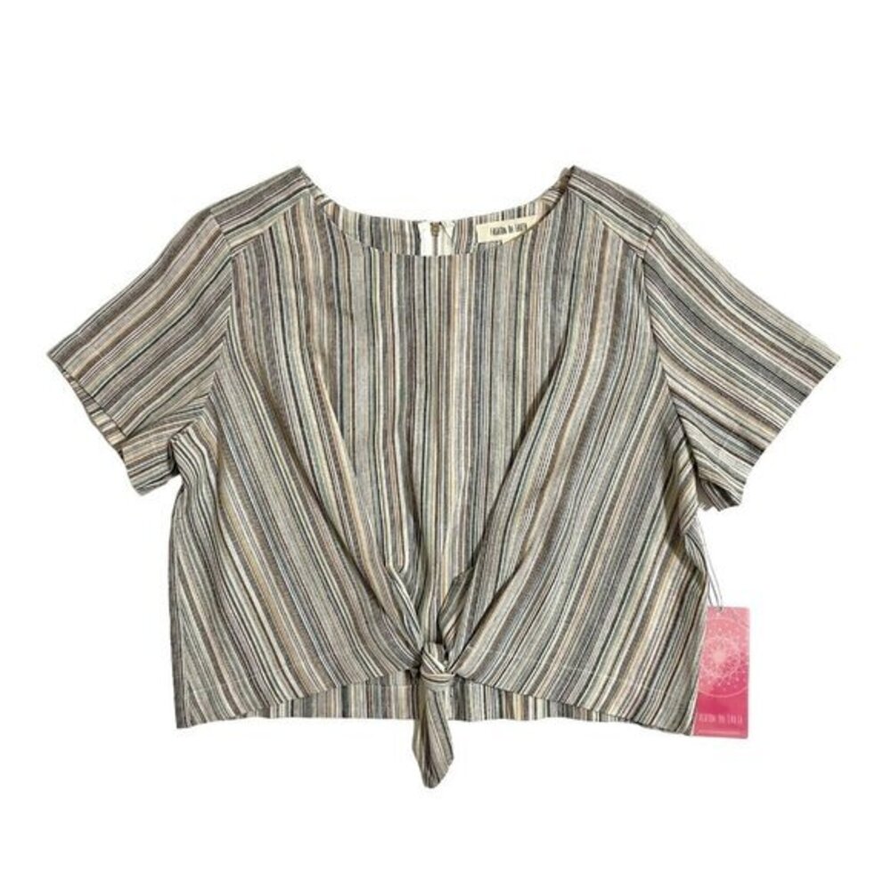 Fashion On Earth Crop Top Striped Linen Cotton Front Tie Short Sleeve SZ L NWT